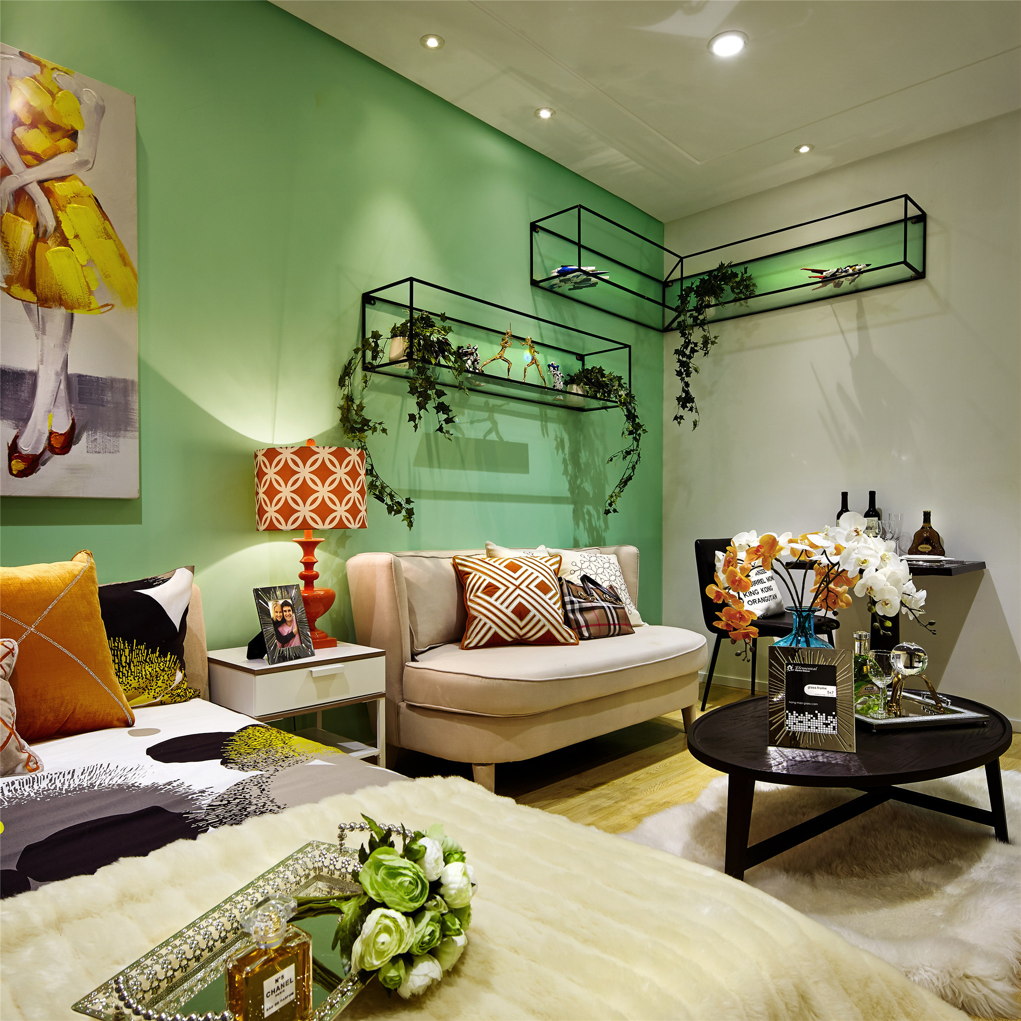 简约风格,一居室装修,40平米装修,小户型装修,客厅,沙发背景墙,绿色
