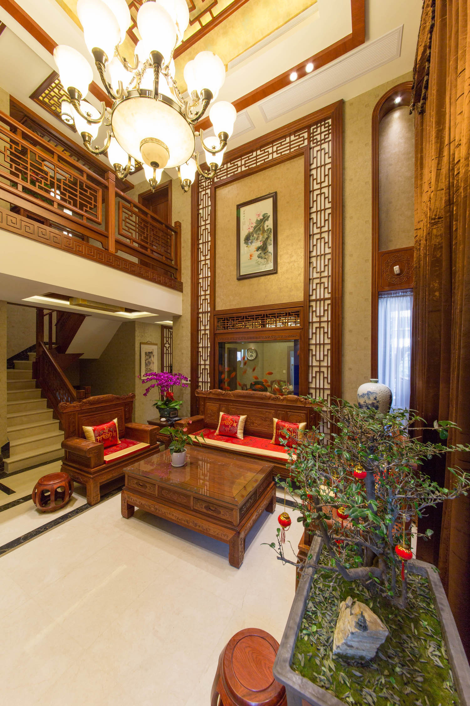中式风格,别墅装修,20万以上装修,140平米以上装修,客厅,沙发,茶几,原木色