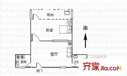 华江花园户型图1室1厅户型图 1室1厅1卫1厨