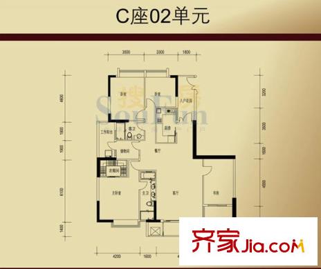 嘉裕丹顿阳光户型图C座02单元 5室2厅2卫1厨