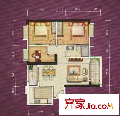龙津华府F栋04户型 3室2厅1卫1厨