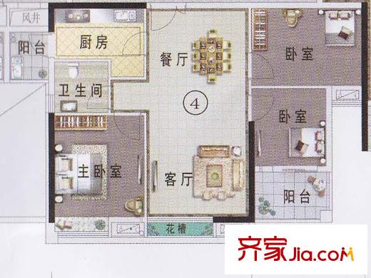 东湖映月F1栋04户型 3室2厅1卫1厨