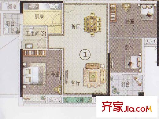 东湖映月F2栋01户型 3室2厅1卫1厨