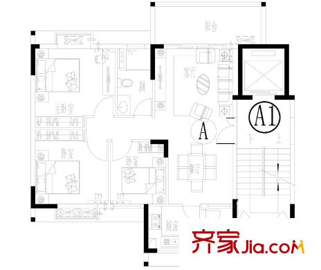 海珠湖景峰J-06-14A1栋A户 3室2厅1卫1厨