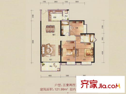 金沙御苑5栋01户型 3室2厅2卫1厨