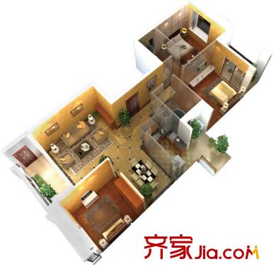 世歐上江城戶(hù)型圖C2-02單元戶(hù)型立體模型 3室2廳2衛(wèi)