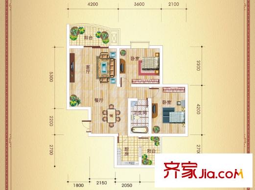 半島華庭E-1戶(hù)型 2室2廳1衛(wèi)1廚