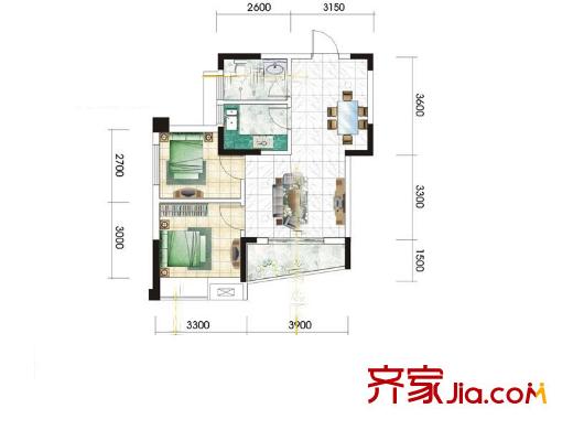 九坤秦南都匯戶型圖B2‘戶型 2室2廳1衛(wèi)1廚