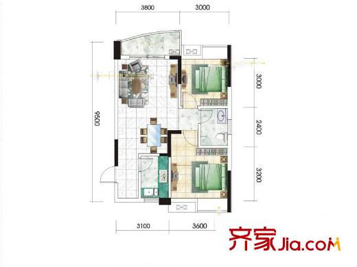 九坤秦南都匯戶型圖C2戶型 2室2廳1衛(wèi)1廚
