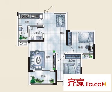 秦水名邸戶型圖一期42戶型 2室2廳1衛(wèi)