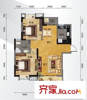 馨悅國際戶型圖D-3戶型 2室2廳1衛(wèi)1廚