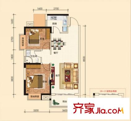 蘭亭熙園戶型圖7，8棟2，3號戶型，9棟3，4號戶型 2室2廳1衛(wèi)1廚