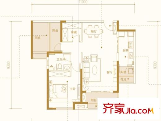 萬(wàn)科金域藍(lán)灣D7棟2C戶型 2室2廳1衛(wèi)1廚