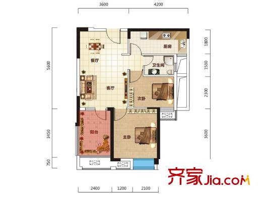 星悅城黃金時(shí)代1號樓2B戶型(已售罄) 2室2廳1衛(wèi)1廚