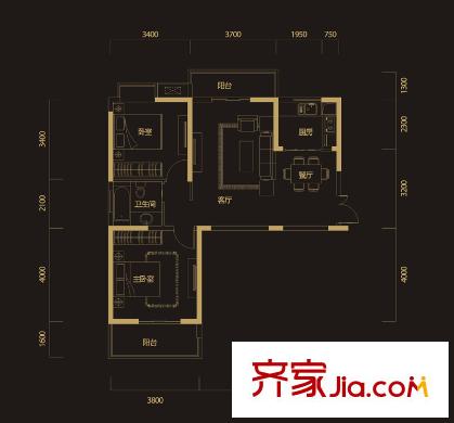 福星惠譽(yù)水岸國(guó)際戶型圖D1戶型 2室2廳1衛(wèi)1廚
