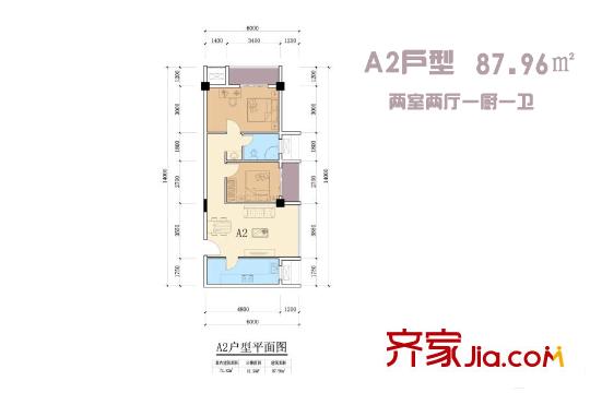 LAKE街區(qū)知音國際茶城6、7、8號樓A2戶型 2室2廳1衛(wèi)1廚