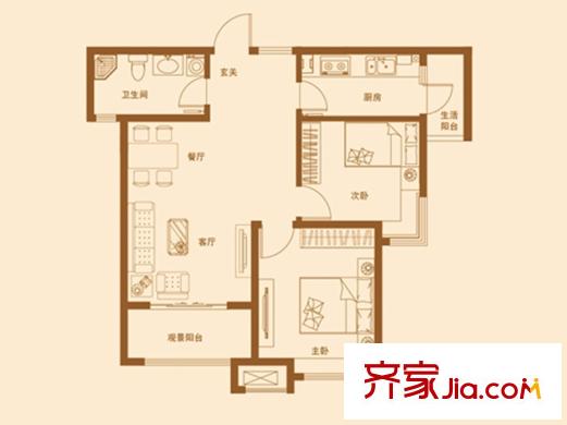 康大鑫都匯府1#、2#、3#、6#D戶型圖 2室2廳1衛(wèi)1廚