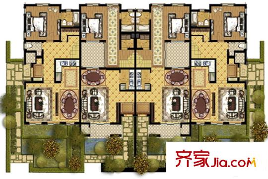 濟州麒麟山莊13-05-58地產韓國別墅戶型2-1層 2室4廳3衛(wèi)1廚