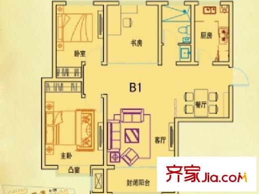 珠山名苑二期B區(qū)1-4號樓標準層B1戶型圖 3室2廳1衛(wèi)