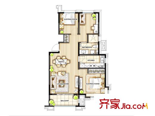 萬(wàn)科東郡1#A3戶(hù)型 2室2廳1衛(wèi)1廚