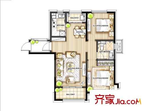 萬(wàn)科東郡2#6#10#C2戶(hù)型 2室2廳1衛(wèi)1廚