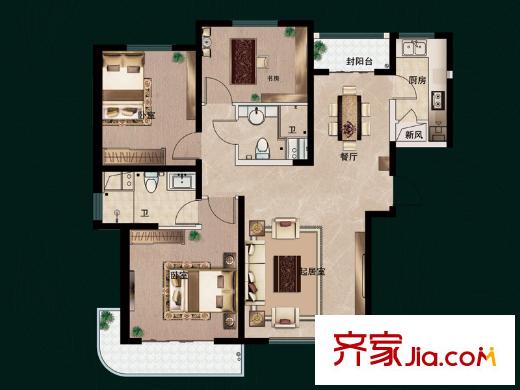 福瀛天麓湖一期3號樓A戶型 3室2廳2衛(wèi)1廚