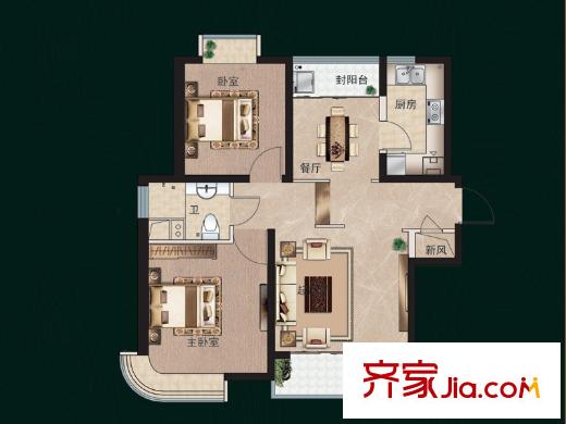 福瀛天麓湖一期5號(hào)樓E戶型 2室2廳1衛(wèi)1廚