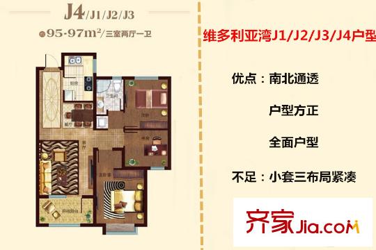 萬達?維多利亞灣二期31、32、35、36、40號樓J4戶型 3室2廳1衛(wèi)1廚