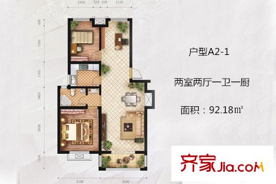 海棠墅1-6號樓A2-1戶型 2室2廳1衛(wèi)1廚
