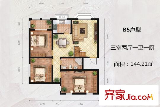 海棠墅1-6號樓B5戶型 3室2廳1衛(wèi)1廚