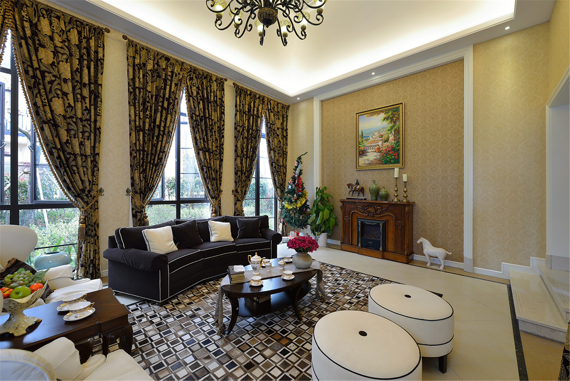 别墅装修,140平米以上装修,20万以上装修,客厅,简欧风格,沙发,窗帘,背景墙,黄色