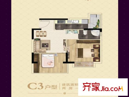 21世紀(jì)百家湖1號(hào)一期63-68幢標(biāo)準(zhǔn)層C3戶型 2室1廳1衛(wèi)1廚