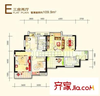 金陵王榭戶型圖E 3室2廳1衛(wèi)1廚