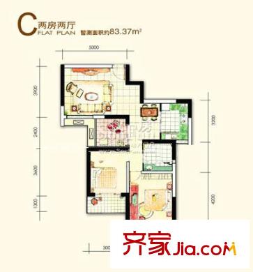 金陵王榭戶型圖C 2室2廳1衛(wèi)1廚