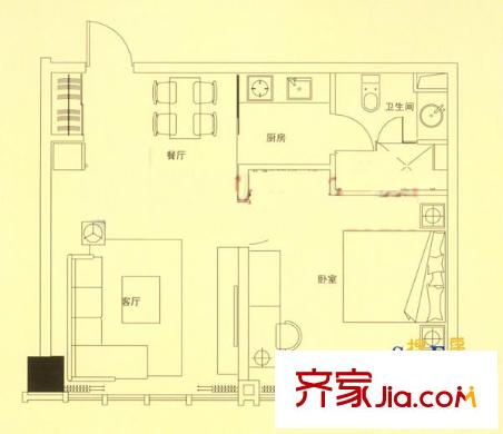 錦盈大廈戶型圖一期1號樓標(biāo)準層H戶型 1室2廳1衛(wèi)