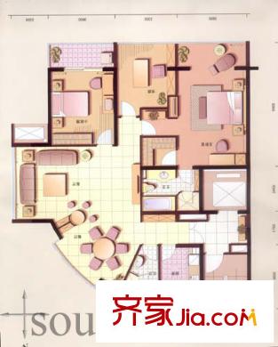 恒基中心國際公寓戶型圖戶型圖 3室 3室1廳