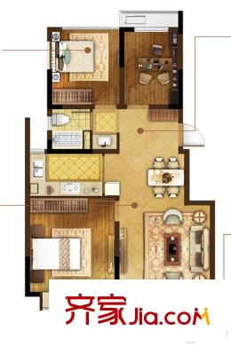 奧克斯鐘山府一期1-4幢標準層A戶型 3室2廳1衛(wèi)1廚