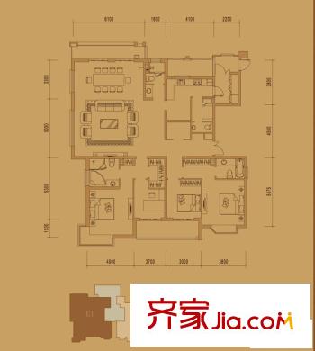 御江金城戶型圖11棟標(biāo)準(zhǔn)層E1戶型  4室2廳3衛(wèi)
