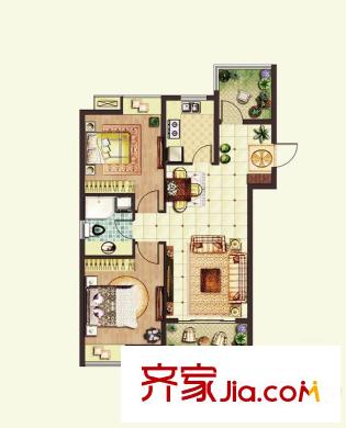 保利羅蘭香谷戶型圖一期09幢標準層C1戶型 2室2廳1衛(wèi)1廚