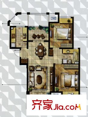 綠地新里紫峰公館戶型圖1-3和5號樓標(biāo)準(zhǔn)層C戶型 2室2廳1衛(wèi)1廚