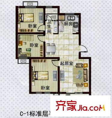 樂居雅花園戶型圖一期07-09號(hào)樓標(biāo)準(zhǔn)層C-1戶型 3室2廳1衛(wèi)1廚