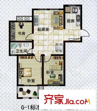 樂居雅花園戶型圖一期10號樓標準層G-1戶型 3室2廳1衛(wèi)1廚