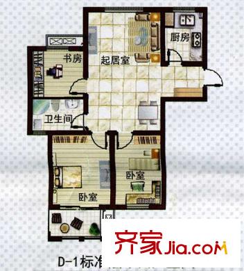 樂居雅花園戶型圖一期07-09號樓標準層D-1戶型 3室2廳1衛(wèi)1廚