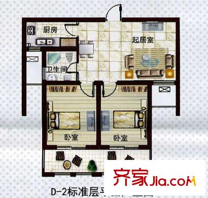 樂居雅花園戶型圖一期07-09號(hào)樓標(biāo)準(zhǔn)層D-2戶型 2室2廳1衛(wèi)1廚