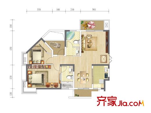 高爾夫國際花園二期6棟標(biāo)準(zhǔn)層A戶型 2室2廳2衛(wèi)1廚