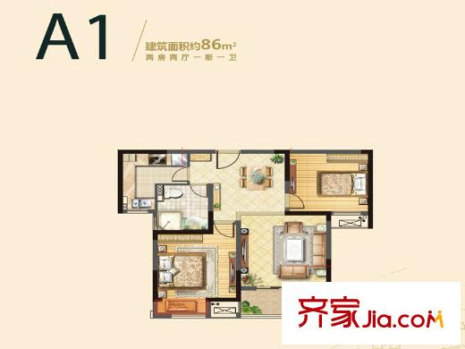 雍福龍庭一期44、45、46、65幢A1戶型 2室2廳1衛(wèi)1廚