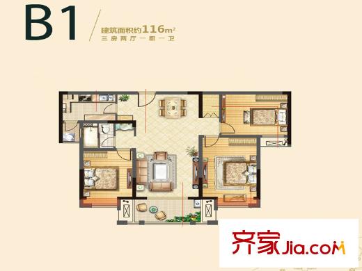 雍福龍庭一期44、45、46、65幢B1戶型 3室2廳1衛(wèi)1廚