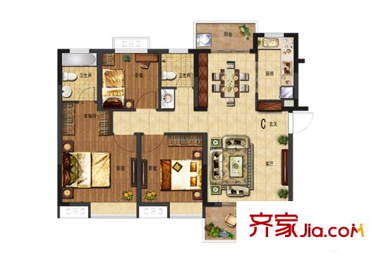 電建平方米悅府項(xiàng)目一期標(biāo)準(zhǔn)層C戶型 3室2廳2衛(wèi)1廚