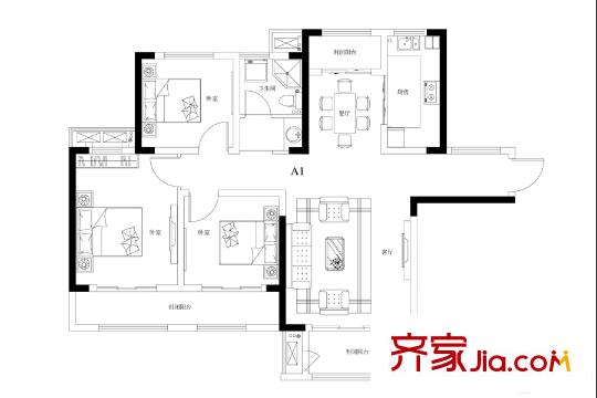 觀山悅項(xiàng)目一期標(biāo)準(zhǔn)層A1戶型 3室2廳1衛(wèi)1廚
