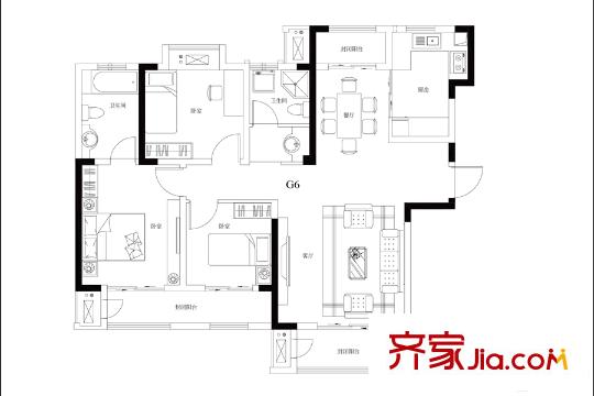 觀山悅項目一期標(biāo)準(zhǔn)層G6戶型 3室2廳2衛(wèi)1廚